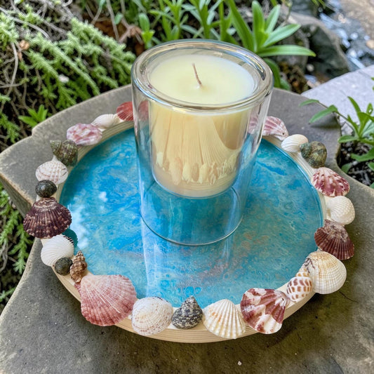 Coastal Seashell Resin Tray with Vanilla Soy Candle | Handmade Beach Decor | Ocean Inspired Centerpiece | Coastal Cottage Gift