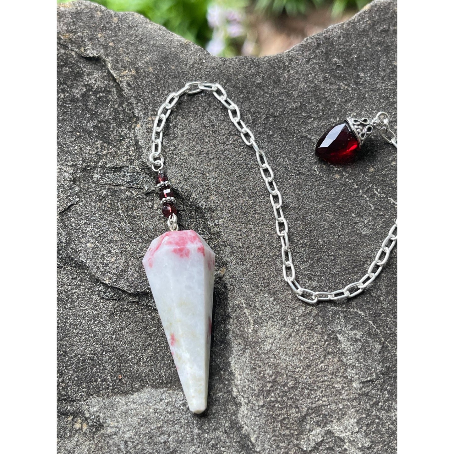 Luxury Cinnabrite Pendulum with Genuine Garnet Handle | Heavy Precious Metal Sterling Silver Chain | Handmade Crystal Pendulum