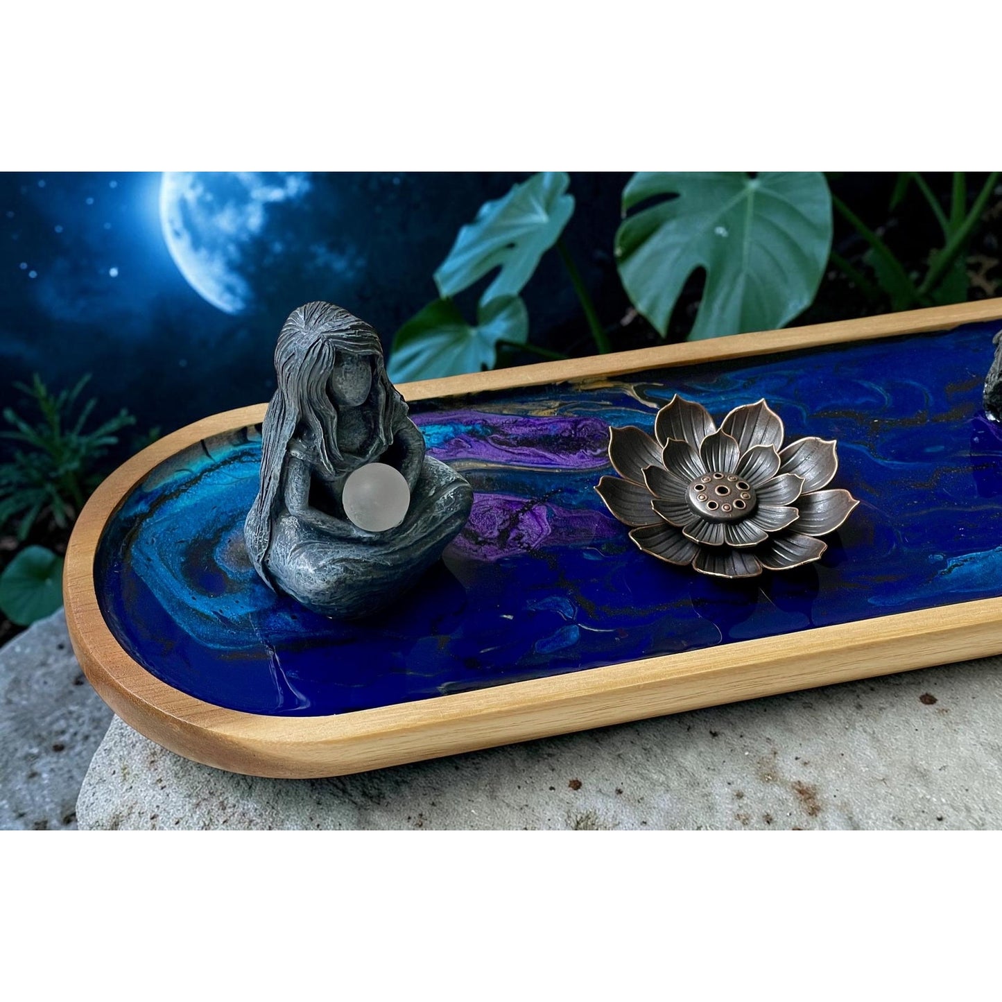 Midnight Tide Goddess Incense Tray, Resin Art Meditation Altar Decor, Lotus Incense Burner with Citrine & Black Onyx Handmade Spiritual Gift
