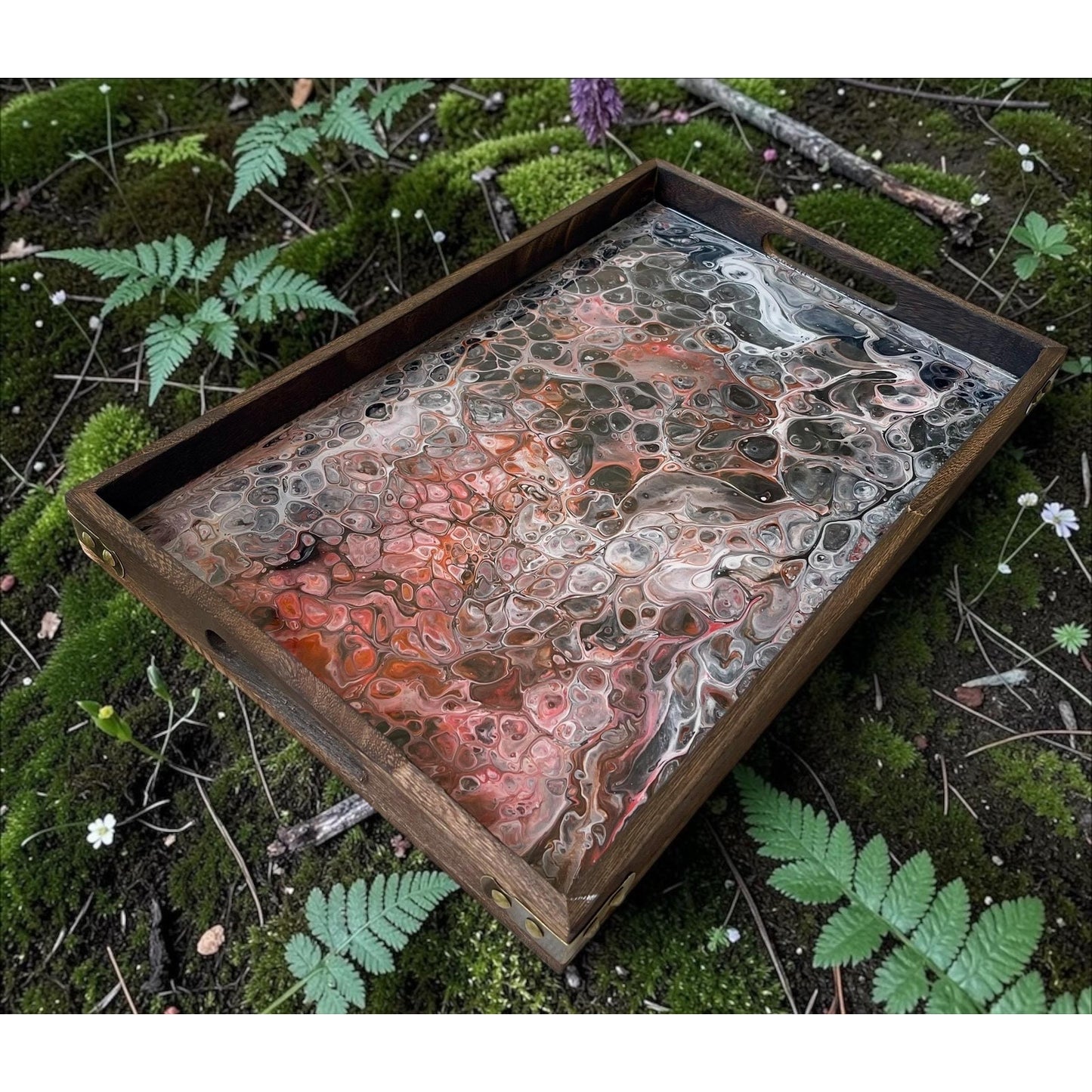 Obsidian Fire Molten Vein Tray – Handmade Resin Art Serving Tray – 18” x 12” Wood Tray – Lava Inspired Acrylic Pour Decor – Gothic Modern