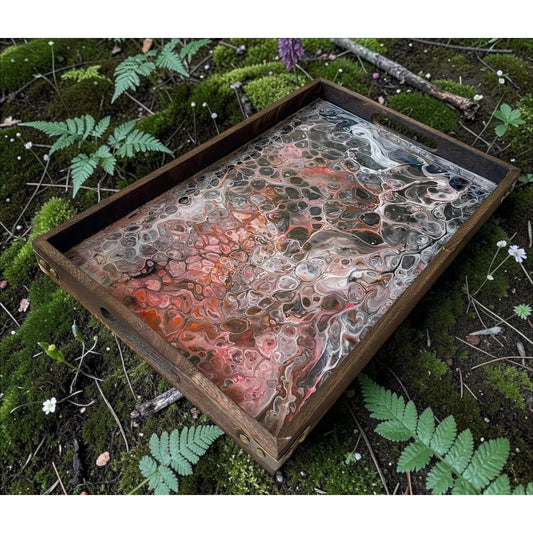 Obsidian Fire Molten Vein Tray – Handmade Resin Art Serving Tray – 18” x 12” Wood Tray – Lava Inspired Acrylic Pour Decor – Gothic Modern