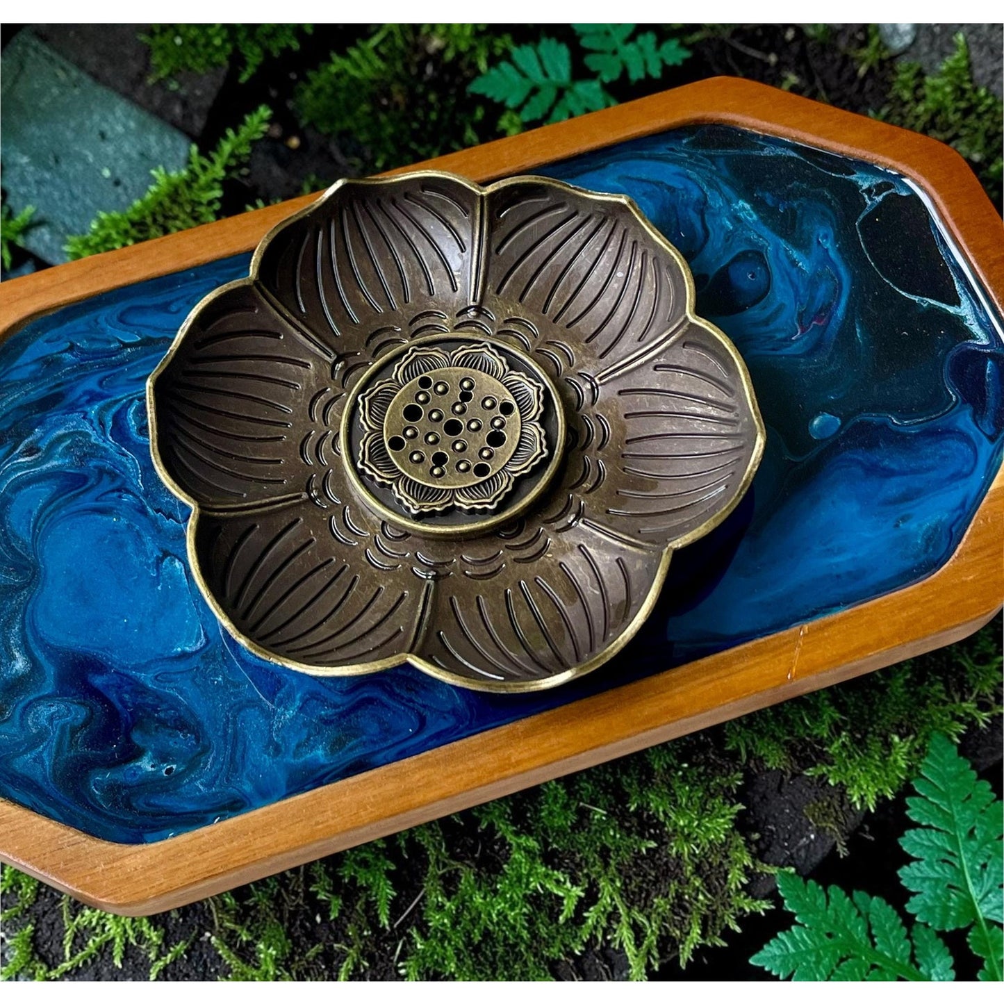 Midnight Tide Lunar Vein Lotus Incense Tray | Handmade Resin Art | Stick & Cone Burner | Meditation Spiritual Decor