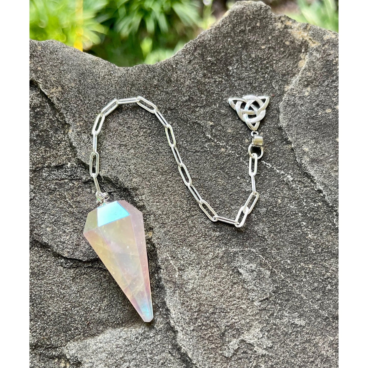 Angel Aura Rose Quartz Pendulum | Sterling Silver Triquetra Handle | Heavy Sterling Silver Chain | Crystal Pendulum | Handmade Gift