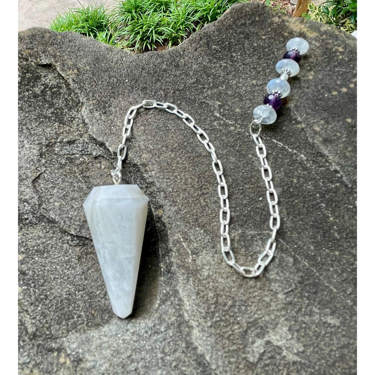 Luxury Moonstone Pendulum | Heavy Sterling Silver Chain | Moonstone & Amethyst | Handcrafted Crystal Divination Tool | Includes Certificate