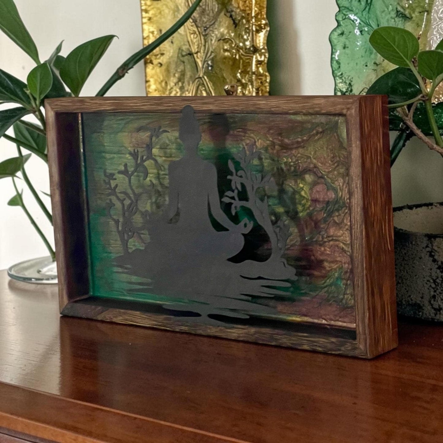 Meditation Wall Art Wood Frame – Zen Buddha Silhouette – Resin Art Spiritual Decor – Green & Earth Tone Wall Hanging – Handmade Boho Decor