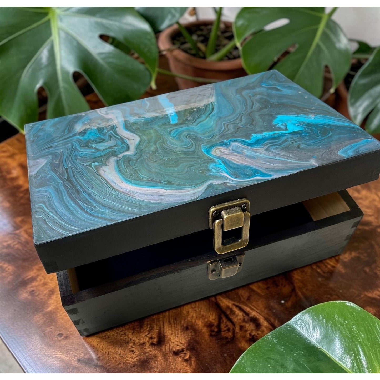 Hand Painted Wooden Stash Box | Abstract Fluid Art Keepsake Box | Crystal & Jewelry Storage | Moody Boho