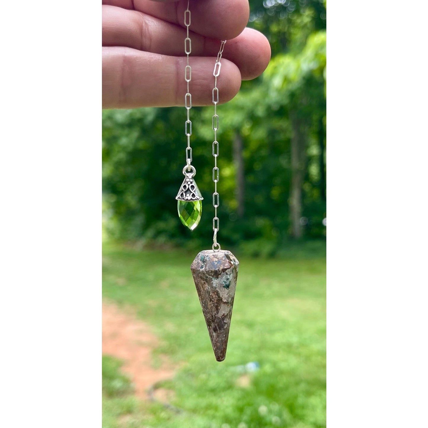 Chrysocolla Pendulum with Peridot Handle | Sterling Silver Dowsing Pendulum | Crystal Divination Tool | Handmade Spiritual Gift