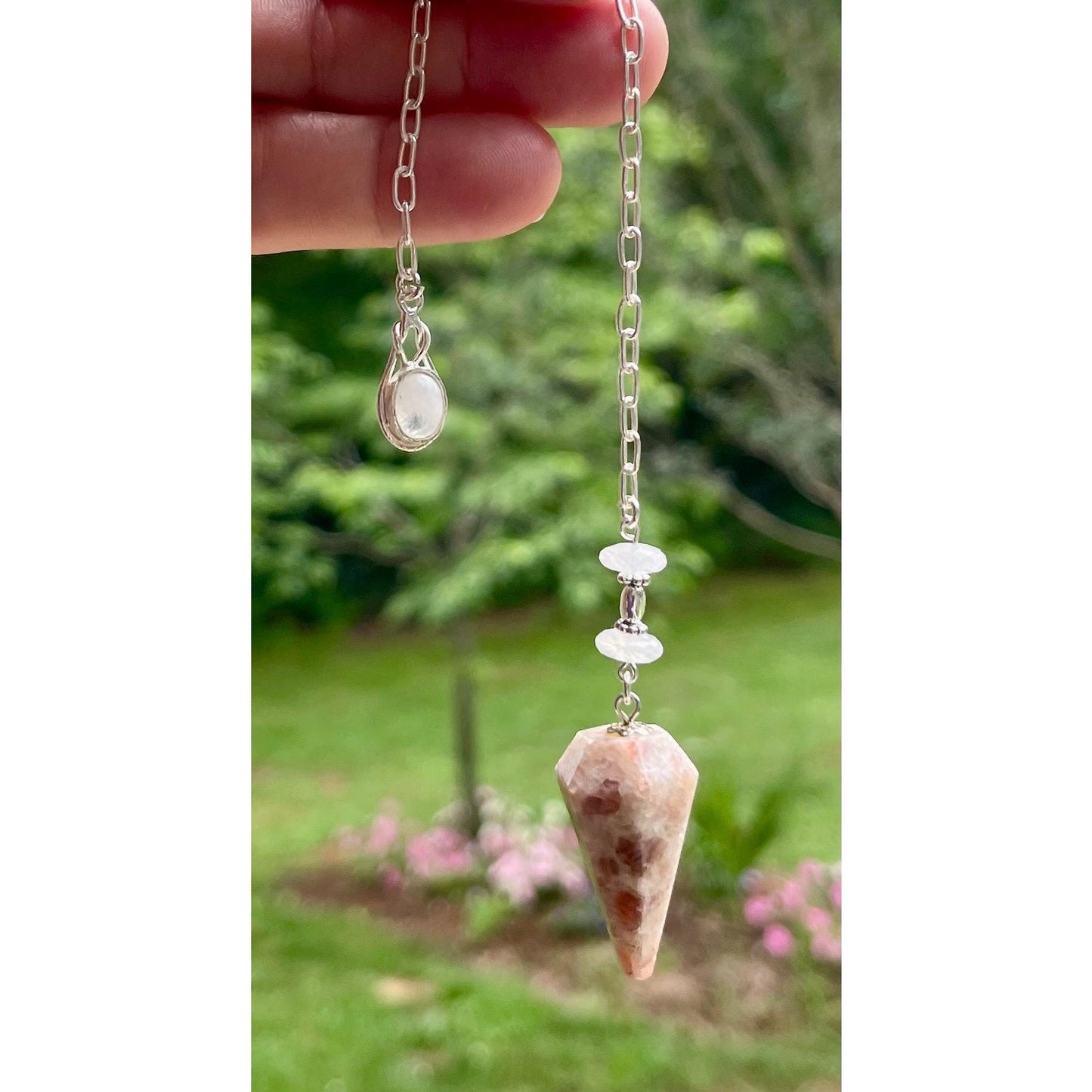 Luxury Peach Moonstone Pendulum | Heavy Sterling Silver Precious Metal Chain | Moonstone Sterling Silver Handle | Handcrafted Pendulum