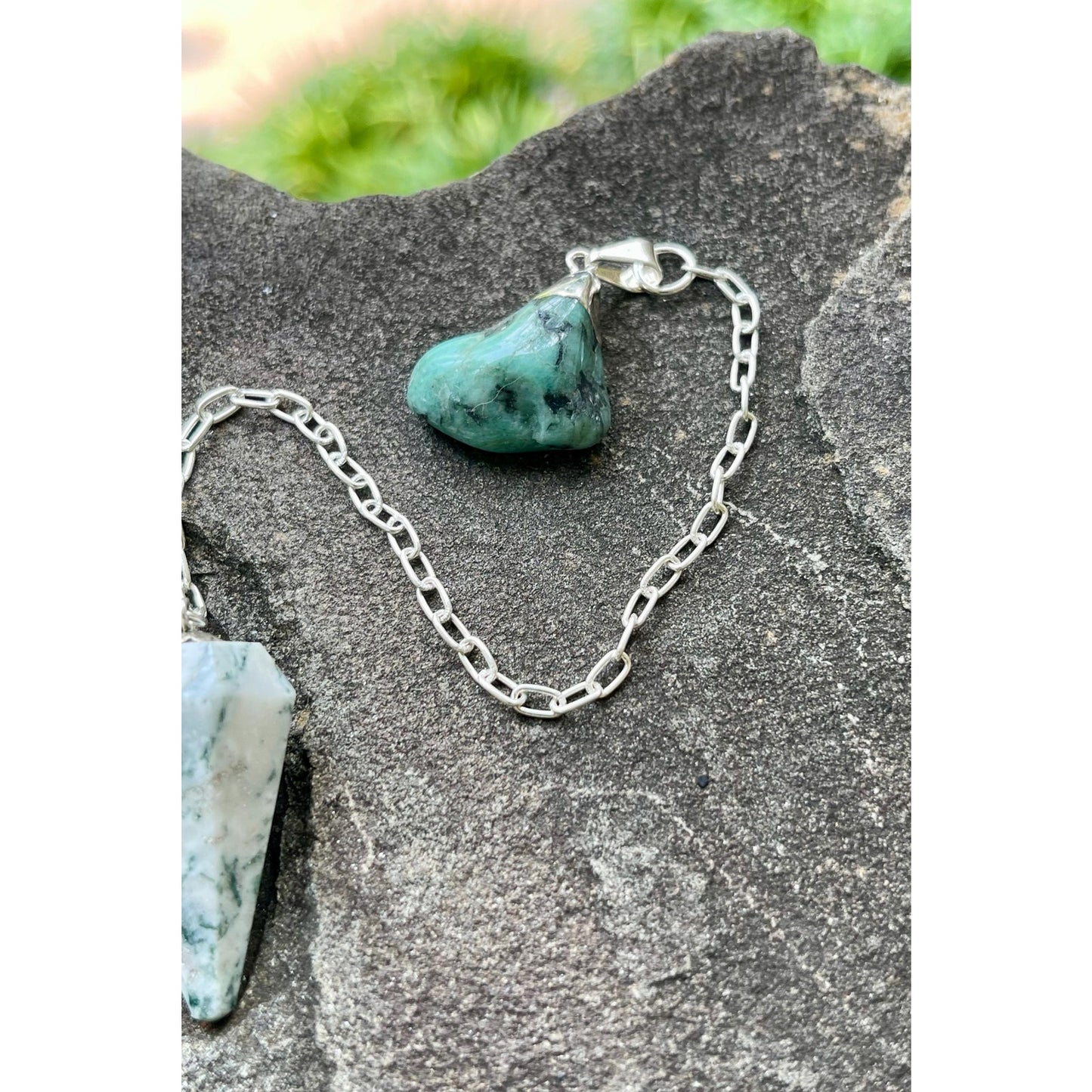 Luxury Tree Agate Pendulum with Raw Emerald Handle | Sterling Silver Chain | Crystal Divination Tool | Meditation & Spiritual Gift |