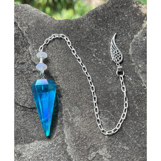 Luxury Blue Aqua Aura Quartz Pendulum with Sterling Silver Angel Wing | Heavy Precious Metal Sterling Silver Chain | Handmade Pendulum