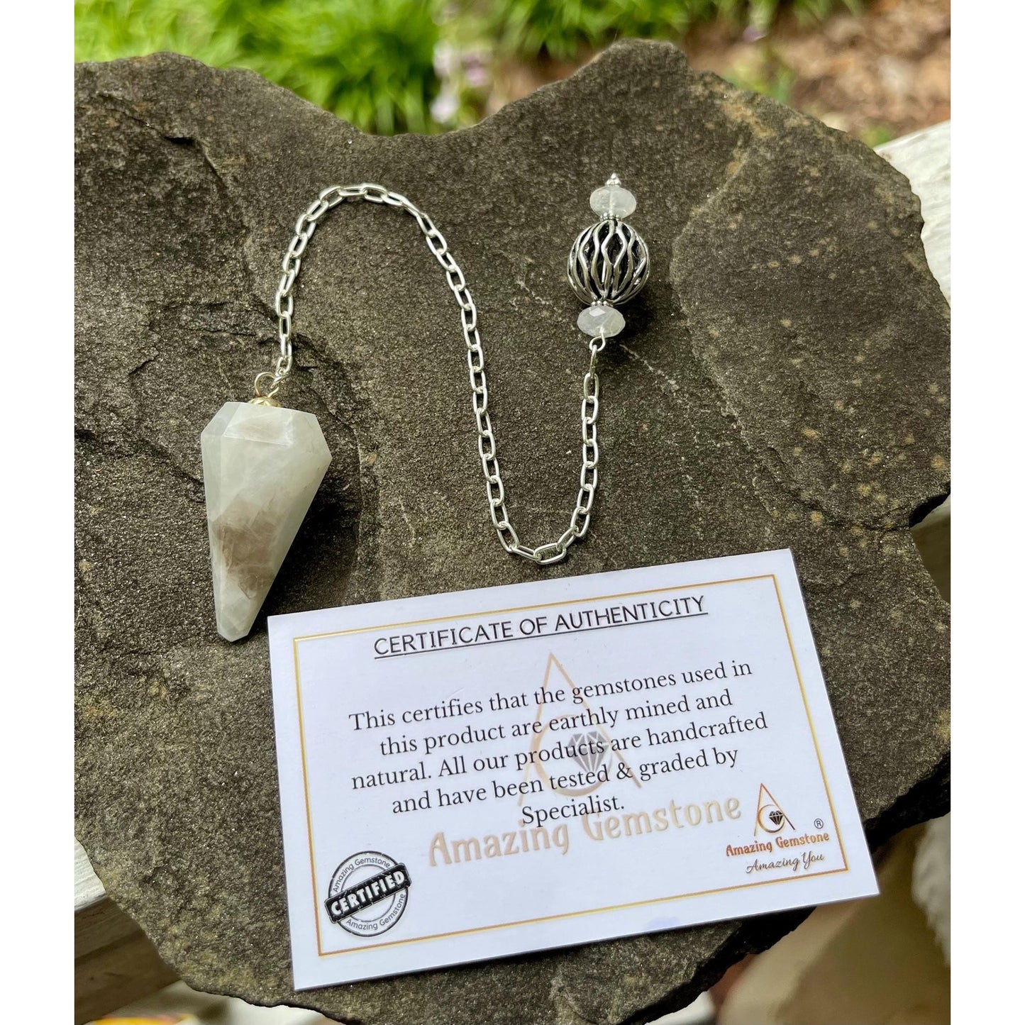 Luxury Moonstone Pendulum with Heavy Sterling Silver Precious Metal Chain | Handcrafted Moonstone Divination Tool | Sterling Silver Handle