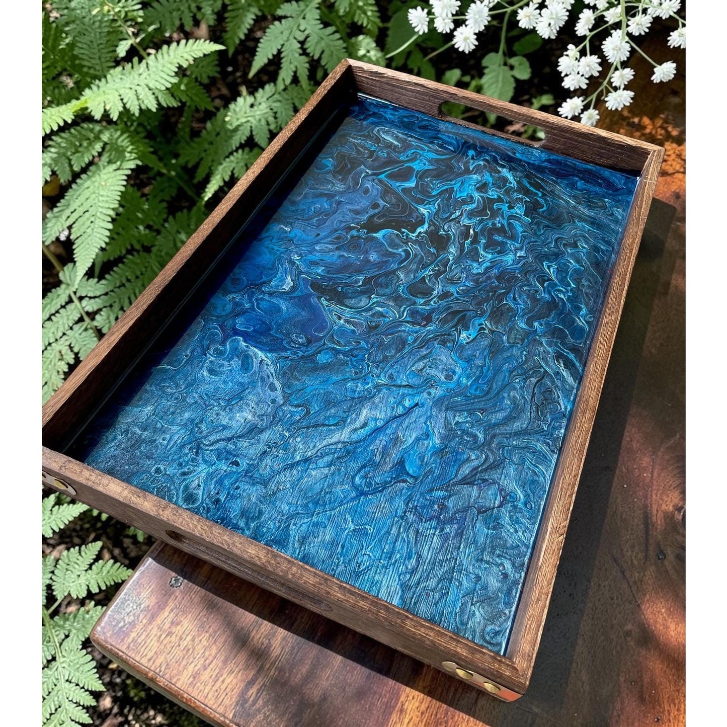 Midnight Tide Lunar Vein Resin Serving Tray | Handmade Ocean Inspired Decor | Moody Blue Resin Art | Luxury Coastal Tray | 18 x 11
