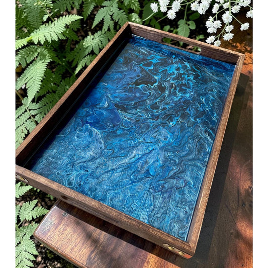 Midnight Tide Lunar Vein Resin Serving Tray | Handmade Ocean Inspired Decor | Moody Blue Resin Art | Luxury Coastal Tray | 18 x 11