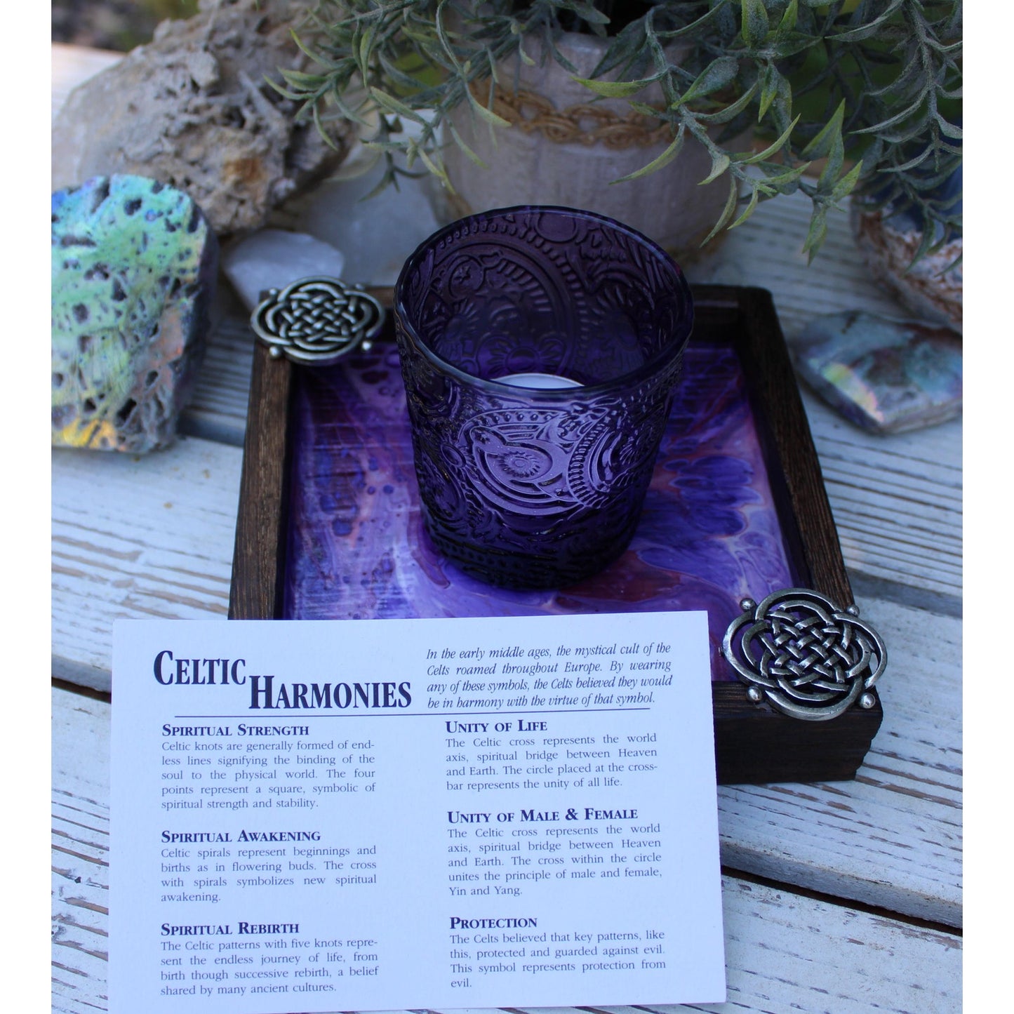 Candle Holder and Candle Celtic Harmony Hand Painted Wood