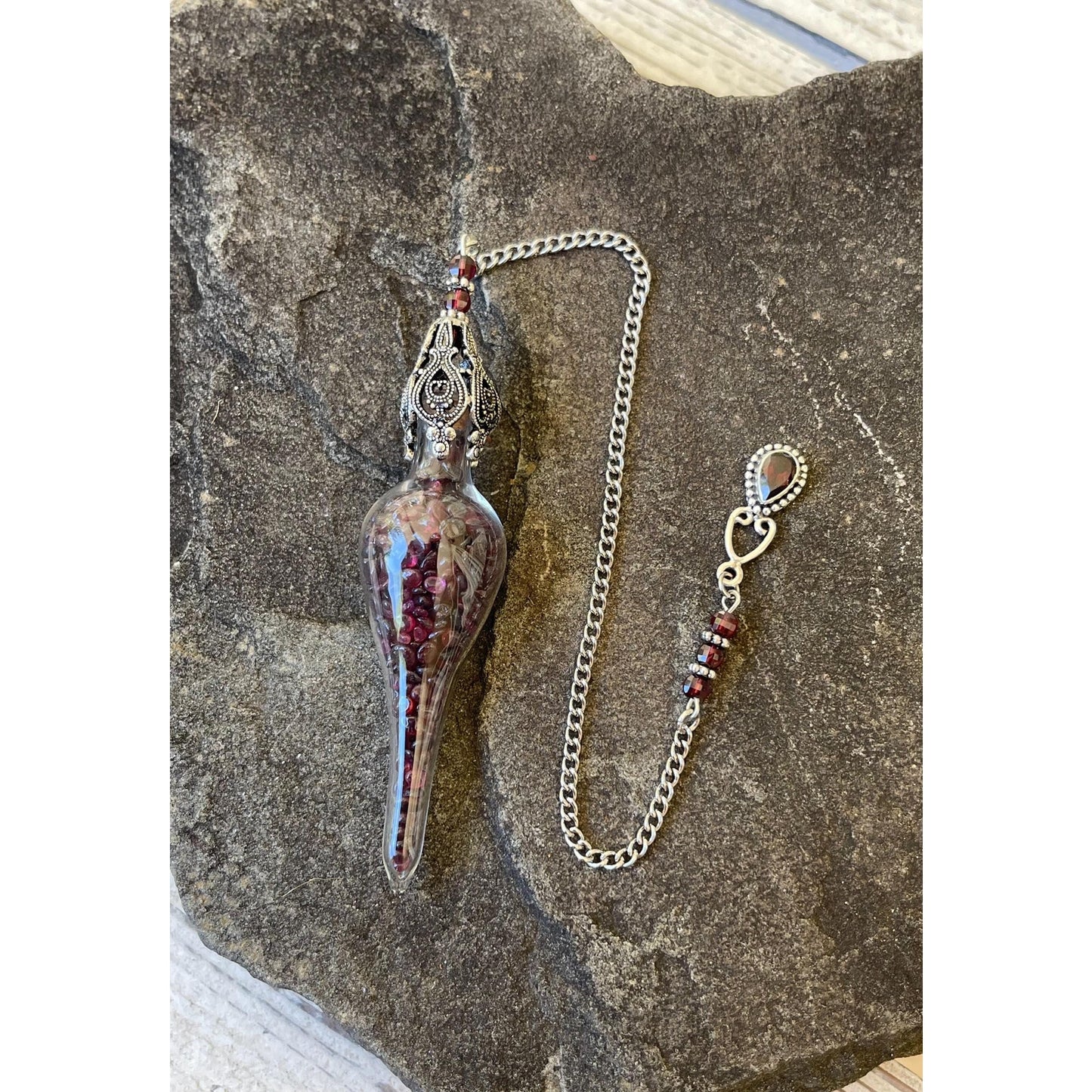 Handcrafted Garnet Vessel Pendulum with Sterling Silver Garnet Accent | Crystal Divination Tool | Reiki Pendulum | Root Chakra Crystal |
