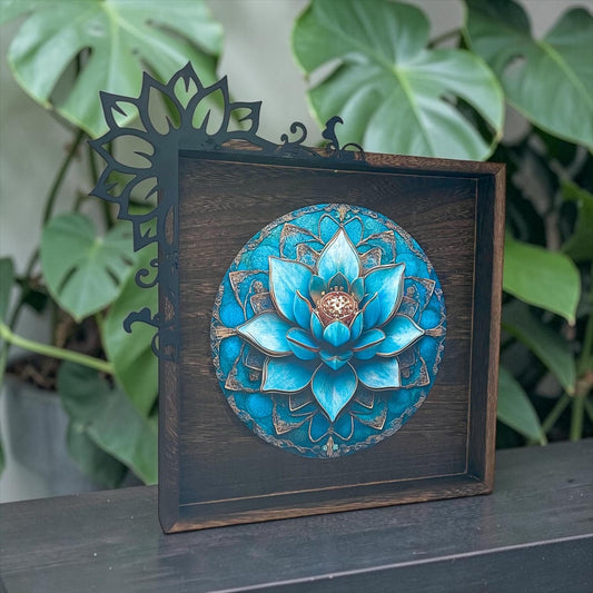 Lotus Wall Art Wood and Metal 10.5” | Teal Mandala Decor | Meditation Yoga Wall Decor | Spiritual Boho Wall Art | Handmade Lotus Flower