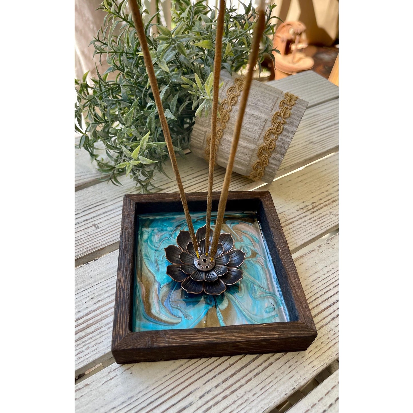 Lotus Incense Holder – Teal & Earth Tone Resin Art Tray – Wood Framed