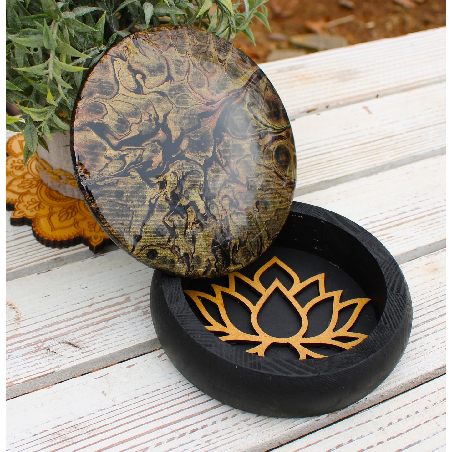 Black Gold Jewelry Box • Hand Painted Keepsake Box •