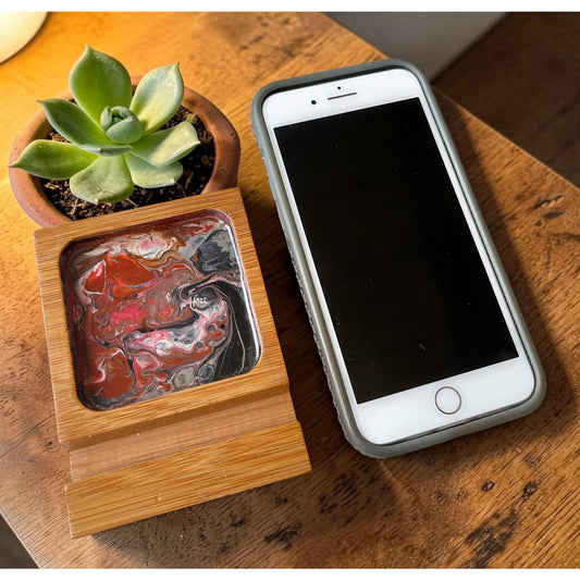 Phone Stand with Tray – Handmade Wood Phone Holder – Resin Art Phone Dock – Desk Phone Organizer – Cell Phone Accessory