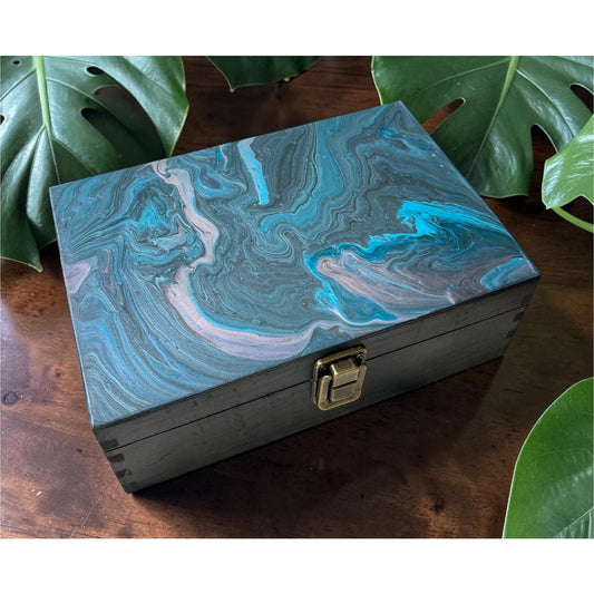 Hand Painted Wooden Stash Box | Abstract Fluid Art Keepsake Box | Crystal & Jewelry Storage | Moody Boho