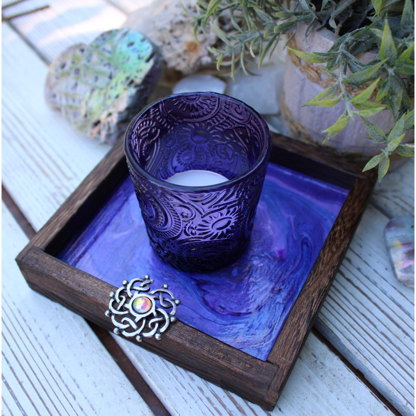 Candle Holder and Candle Celtic Harmony Hand Painted Wood