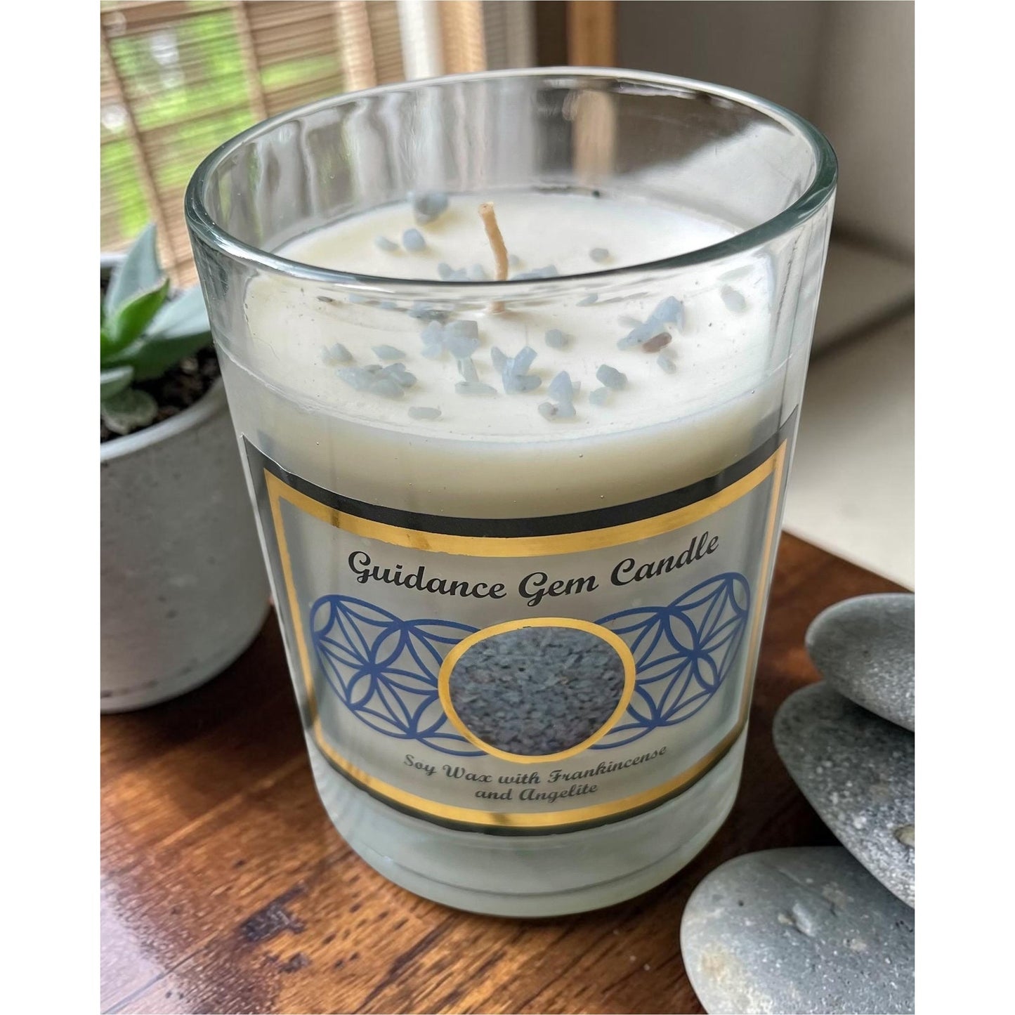 Hand Painted Resin Lotus Tray with Frankincense Candle – Angelite Crystal Candle – Spiritual Altar Decor – 8” Round Meditation Tray