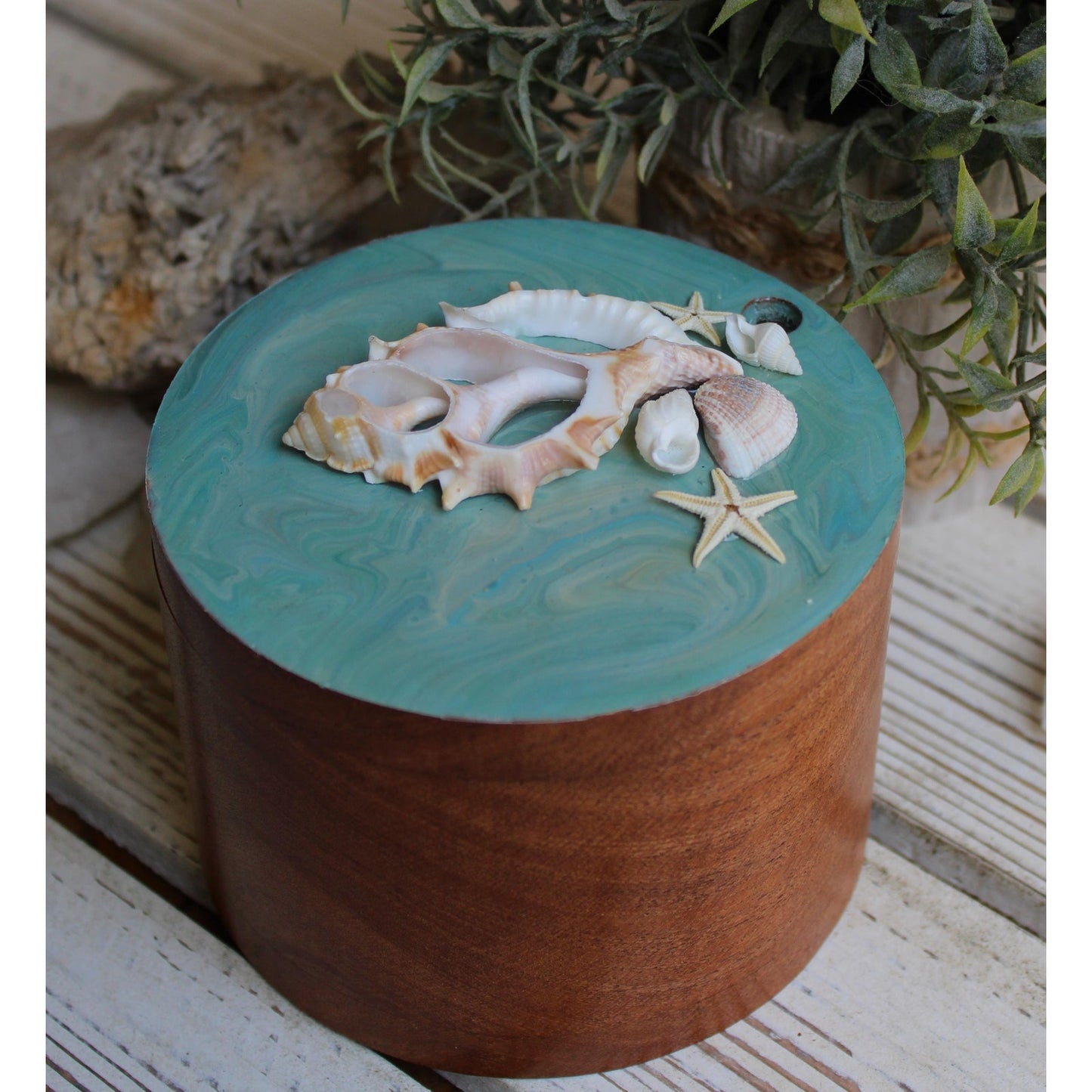 Stash Box, Jewelry Box, Keepsake Box, Hand Painted Box Shells Beach 4" x 4 x 3"