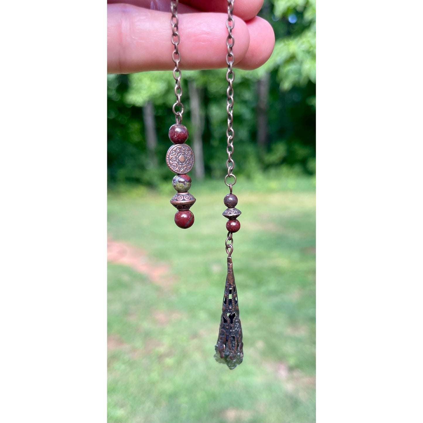 Authentic Moldavite Pendulum | 1.08 Gram Raw Moldavite | Dragon Blood Stone | Includes Certificate of Authenticity Handmade Divination Tool