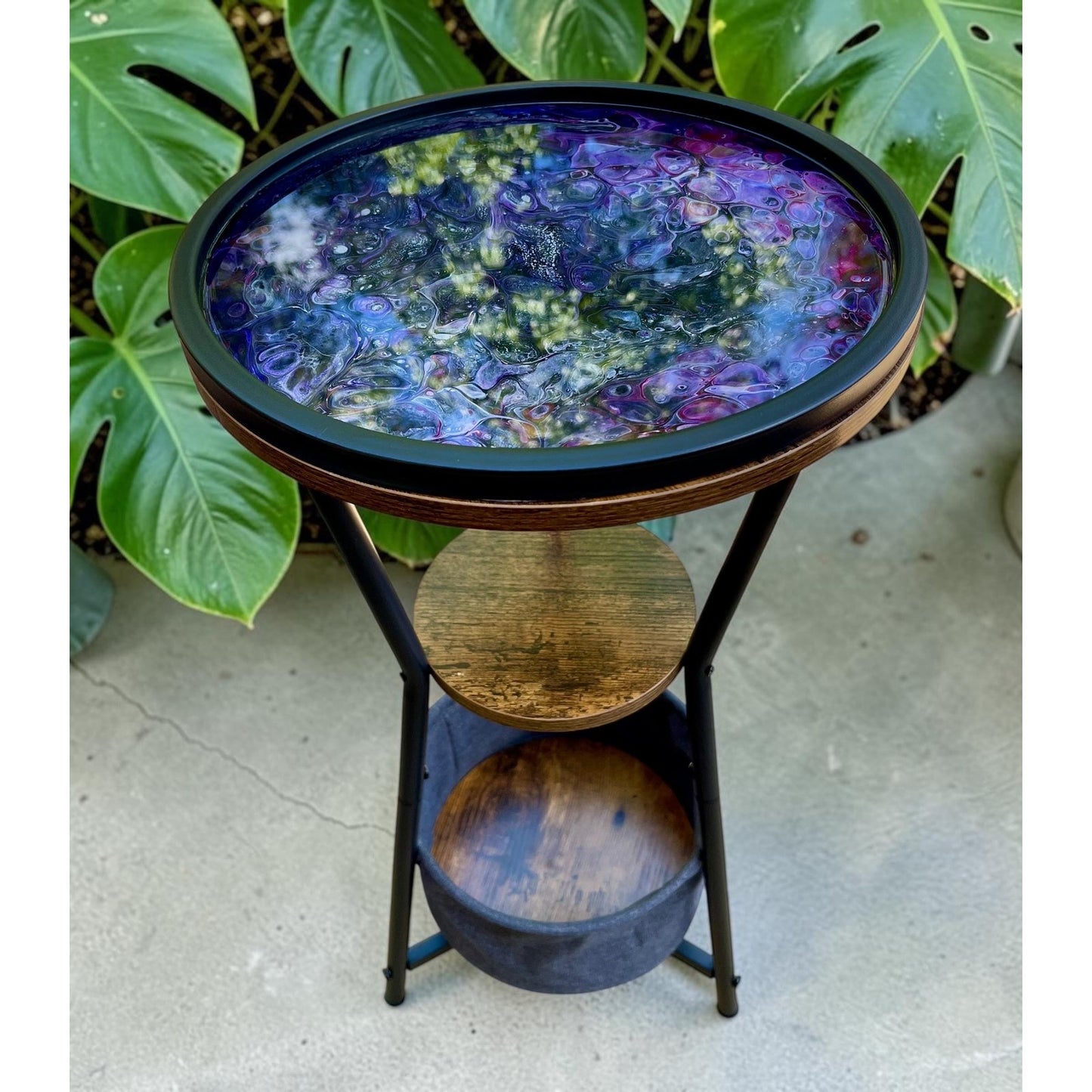Crushed Merlot Resin Art Accent Table – 26” Tall Handmade Side Table with Shelf & Storage – Acrylic Pour Furniture –Functional Art Statement