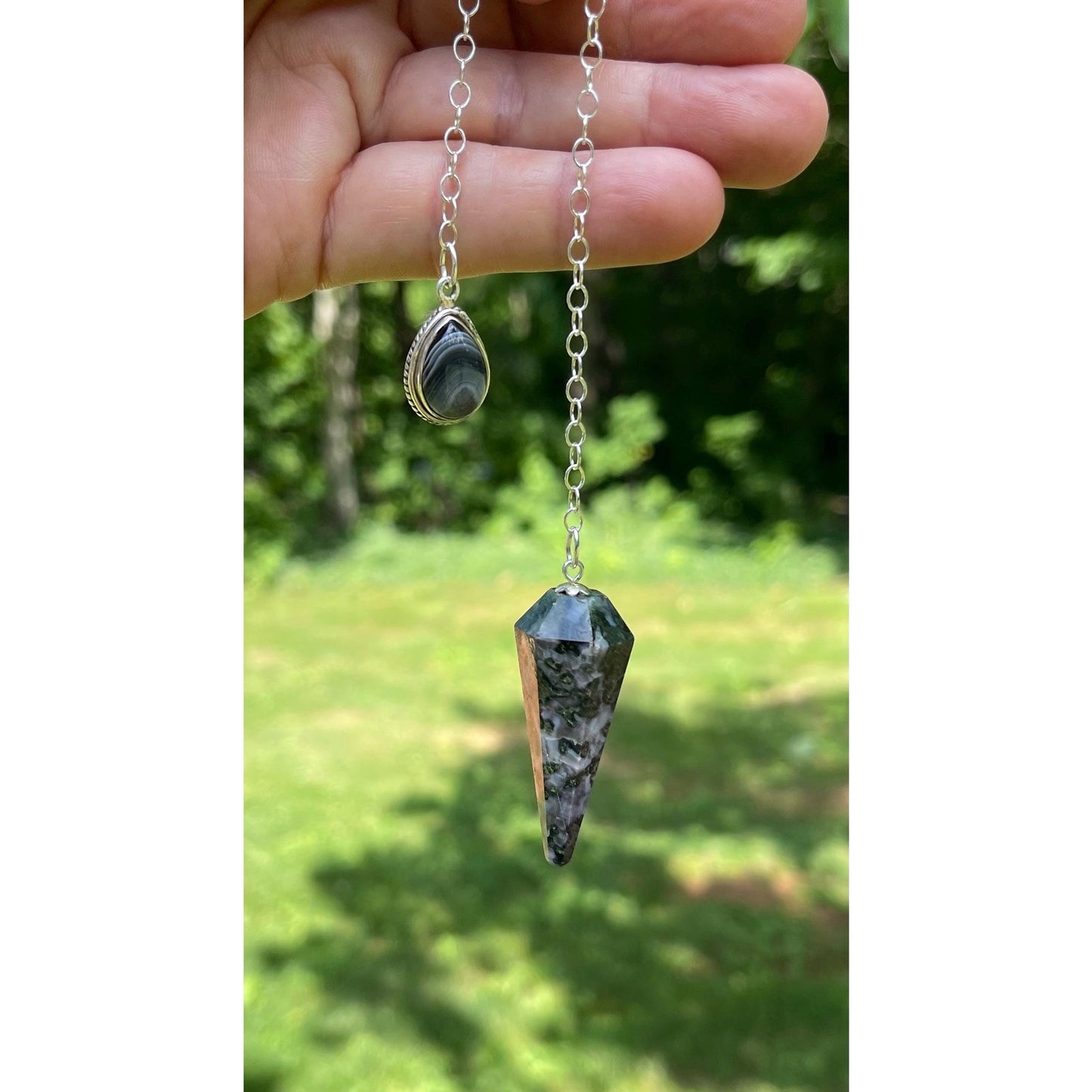 Indigo Gabbro & Banded Black Onyx Luxury Pendulum | Sterling Silver Chain | Mystic Merlinite Divination Tool