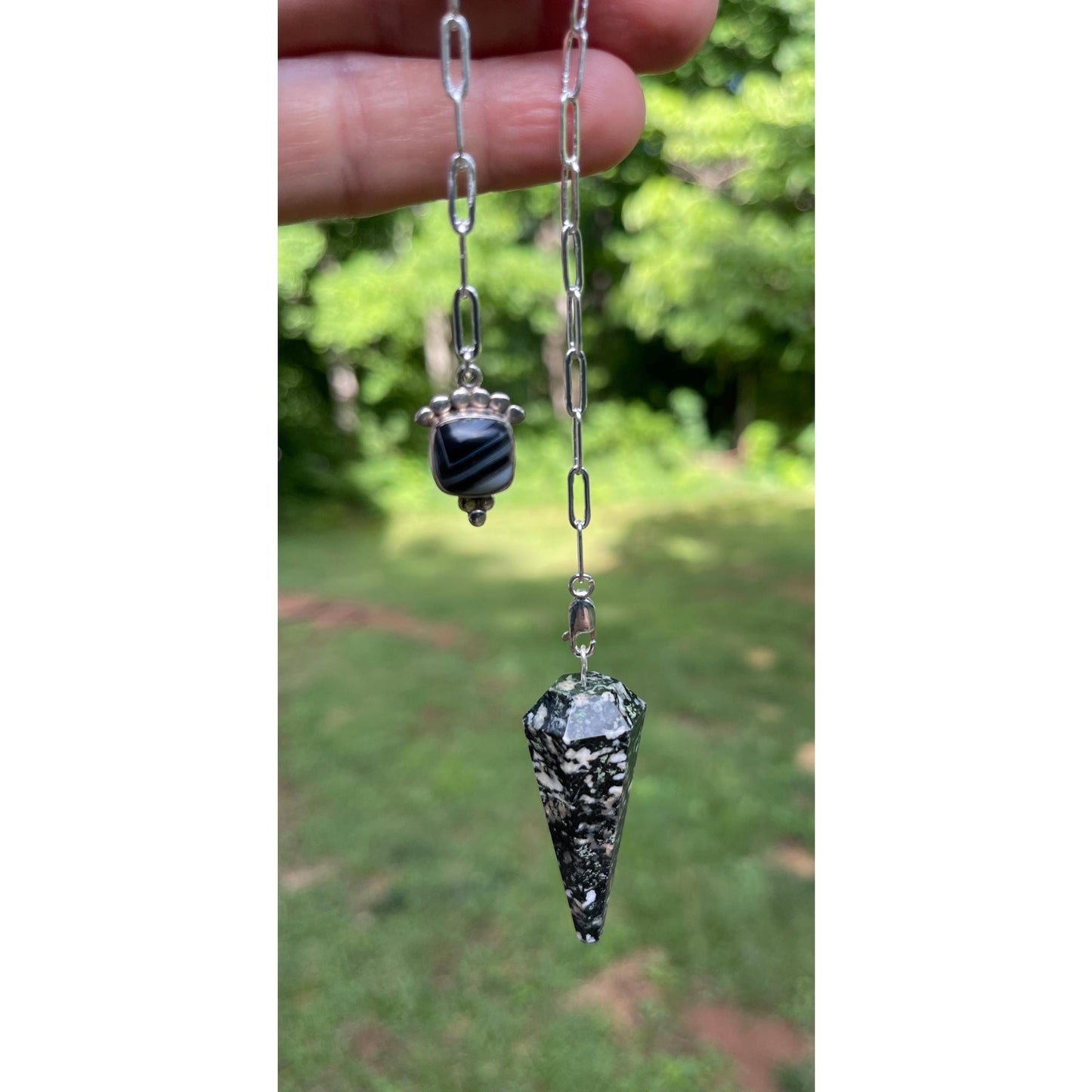 Black Zebra Jasper Pendulum with Banded Black Agate Handle | Sterling Silver Chain | Luxury Crystal Pendulum | Divination Tool One of a Kind