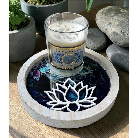 Hand Painted Resin Lotus Tray with Frankincense Candle – Angelite Crystal Candle – Spiritual Altar Decor – 8” Round Meditation Tray