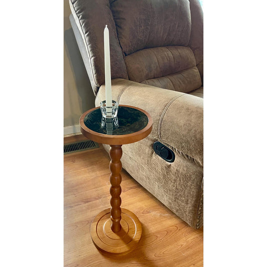 Emerald Tide Pedestal Table – Handmade Resin Art Side Table – 23” Tall Wood Accent Table – Green Abstract Pour – Boho Decor – Candle Stand