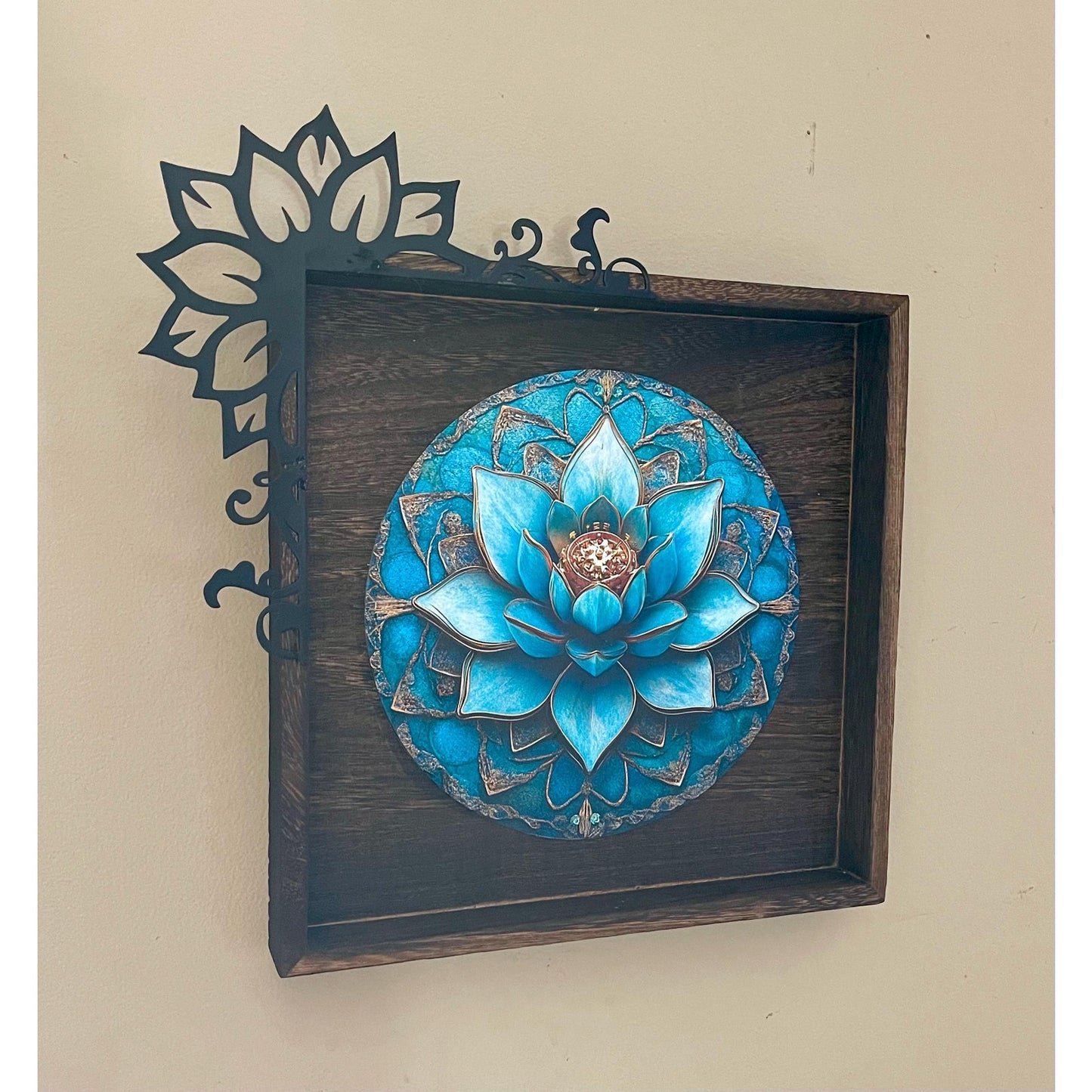 Lotus Wall Art Wood and Metal 10.5” | Teal Mandala Decor | Meditation Yoga Wall Decor | Spiritual Boho Wall Art | Handmade Lotus Flower
