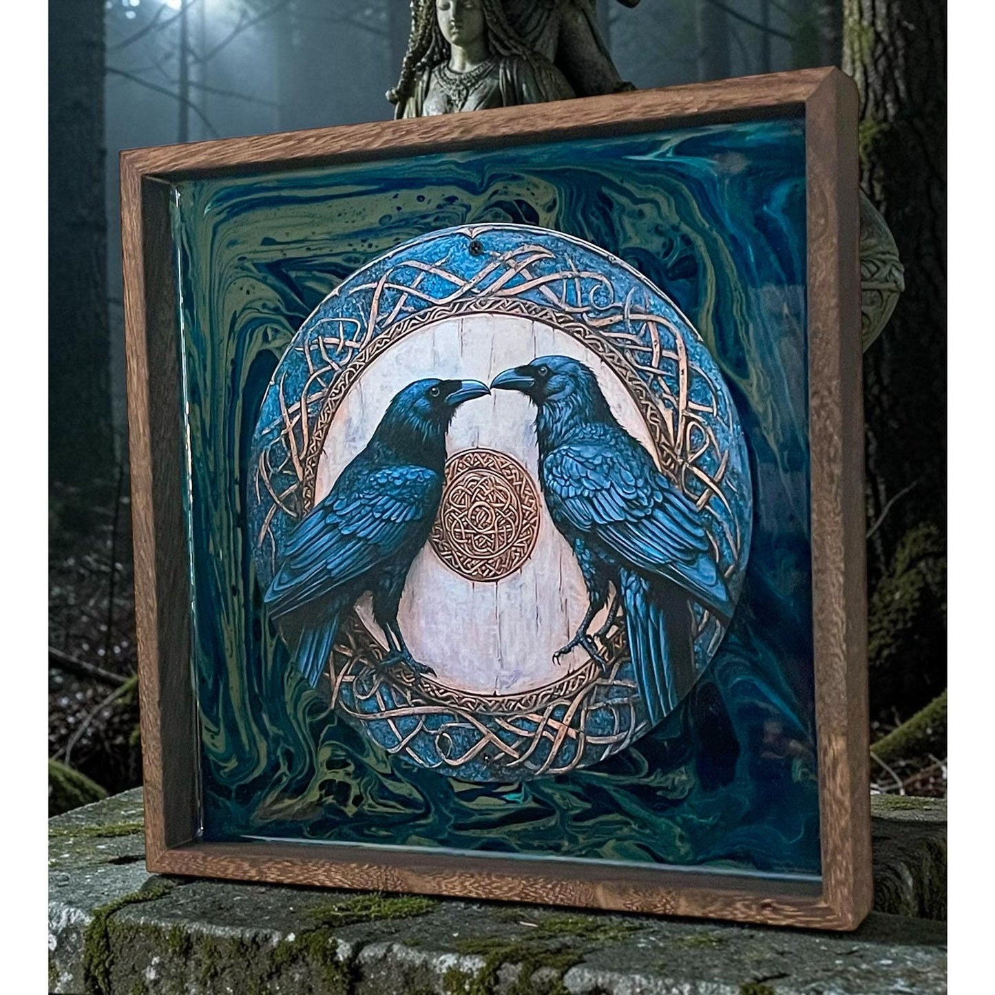 Gothic Raven Wall Art – Celtic Knot Ravens – Teal Resin Art – Mystical Decor – Norse Pagan Inspired – Hand Painted Wood Wall Hanging 10.5”