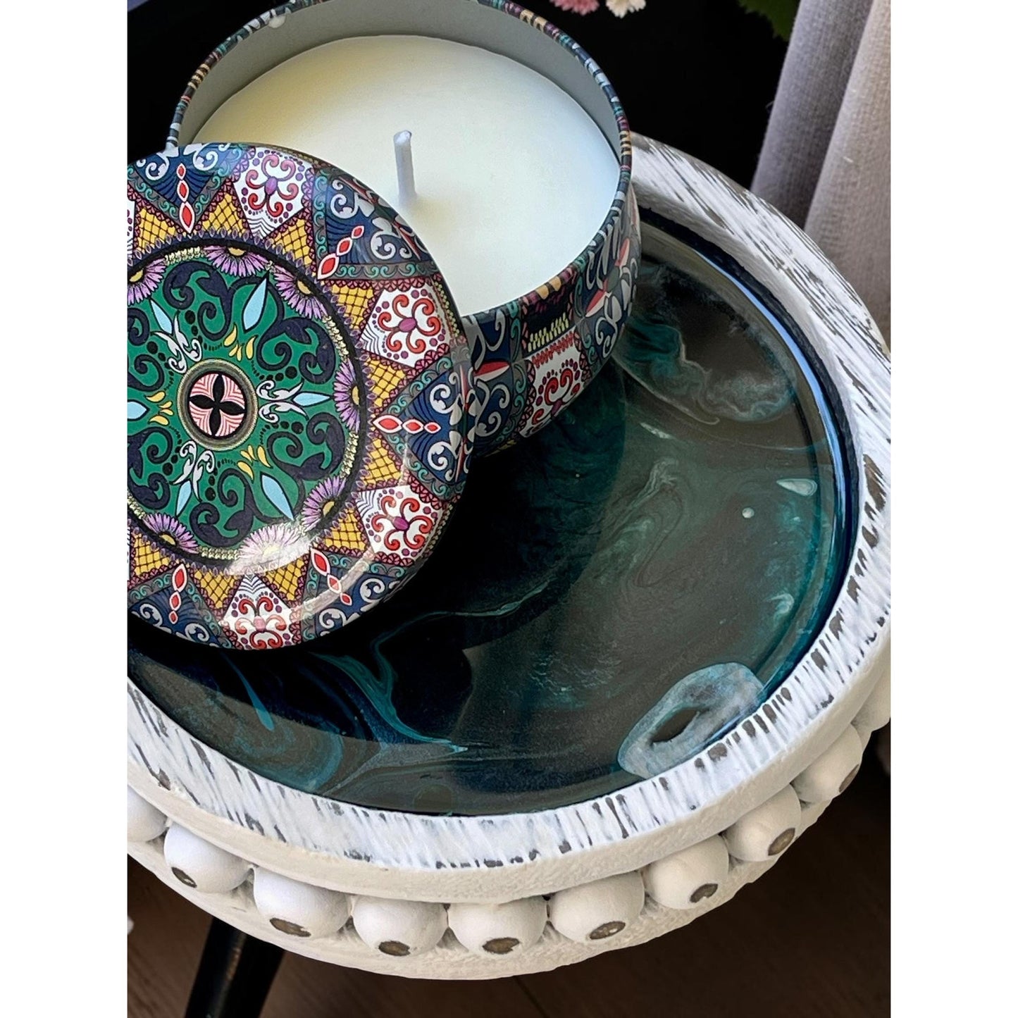 Glacial Vein Collection Mini Resin Tray with Soy Candle | Coastal Farmhouse Decor | Handmade Gift | Artisan Home Accent