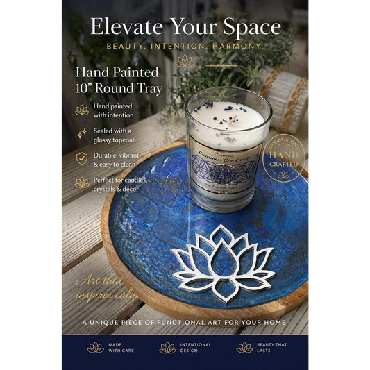 Hand Painted Blue Lotus Tray with Soy Candle Set | Meditation Decor | Acrylic Pour Art | Spiritual Home Decor | One of a Kind Gift