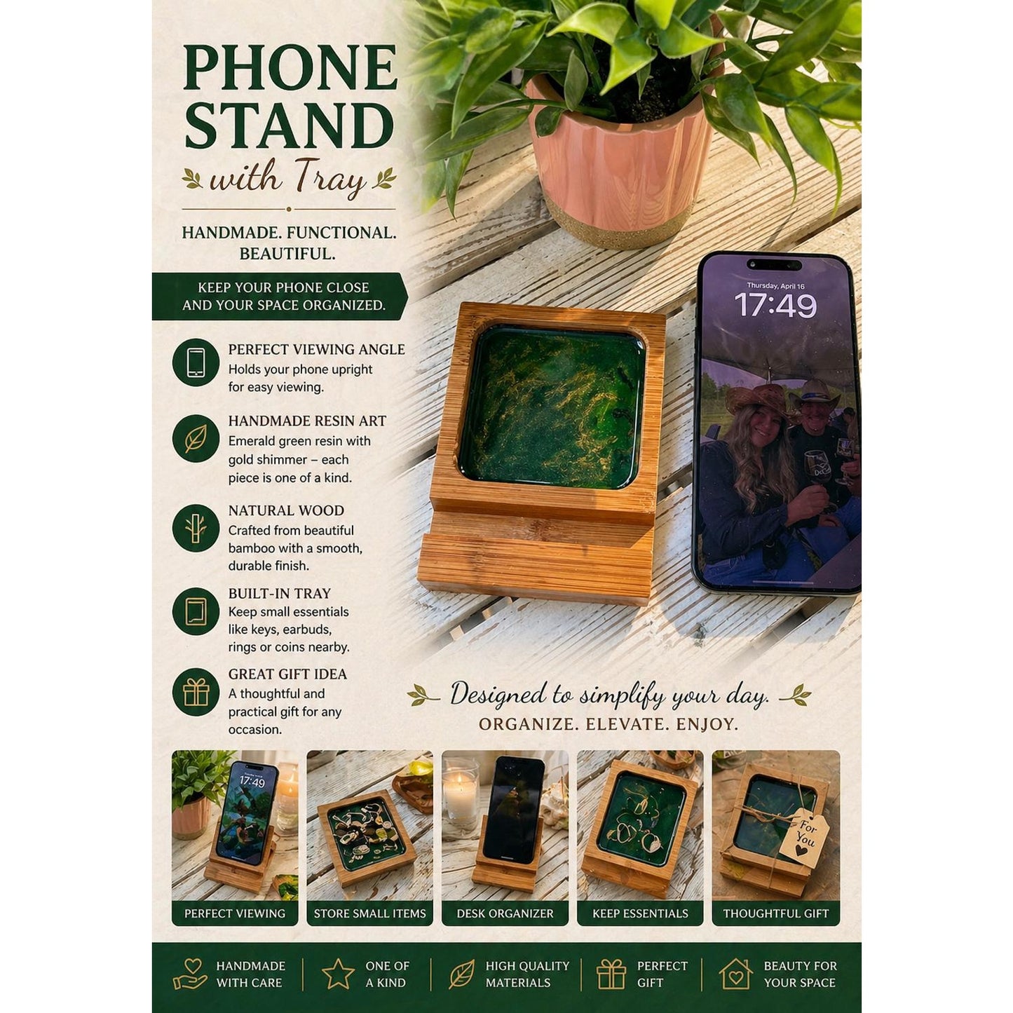 Phone Stand with Tray – Handmade Wood Phone Holder –