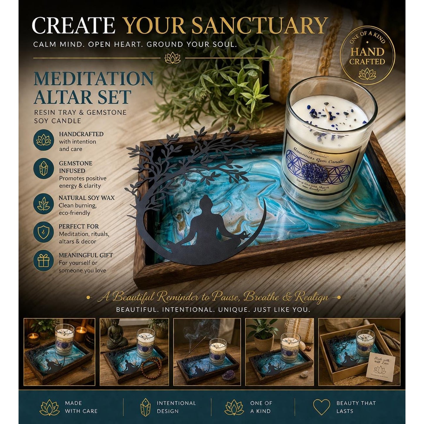 Meditation Altar Set • Resin Wood Tray with Gemstone Soy Candle • Spiritual Decor • Candle & Tray Set • Sacred Space Decor • Ritual Gift