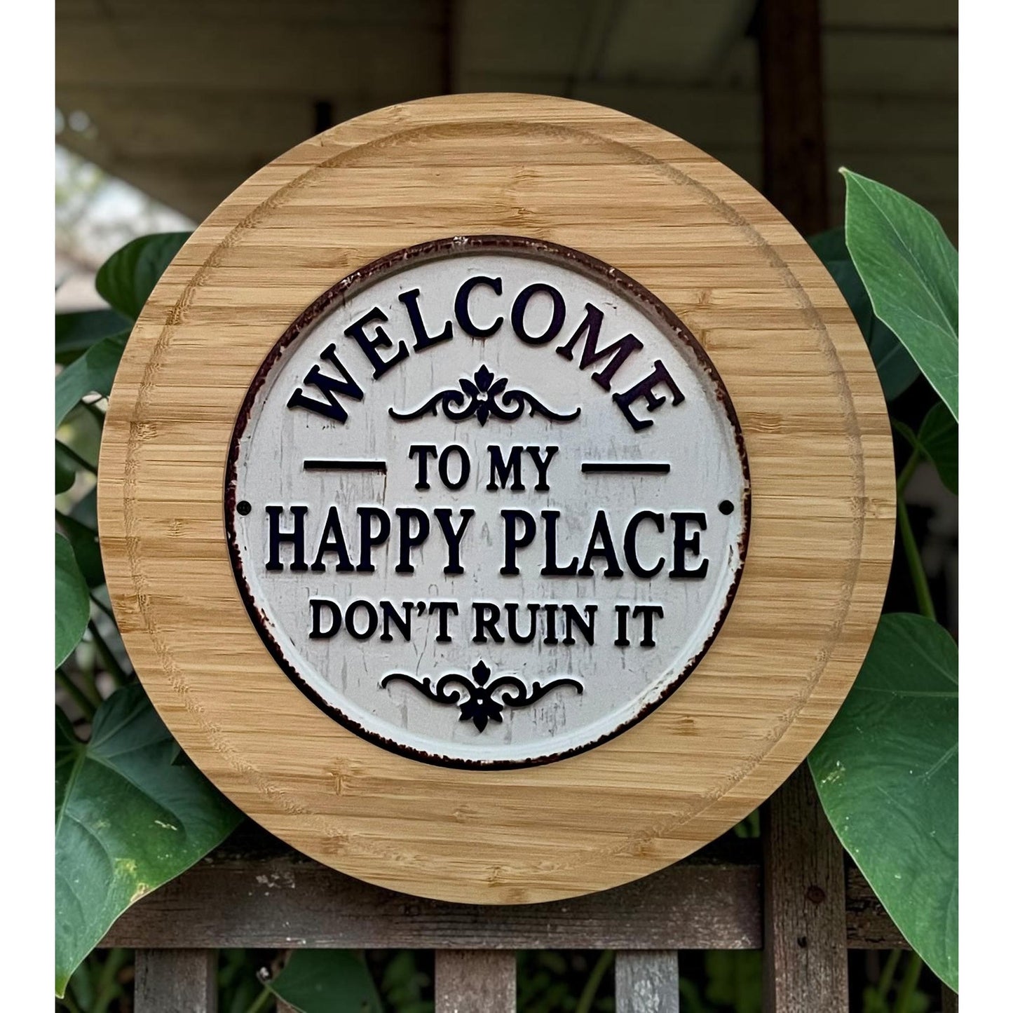 Funny Welcome Sign 12” | Welcome to My Happy Place Don’t Ruin It | Rustic Wood Wall Decor | Housewarming Gift | Farmhouse Sign