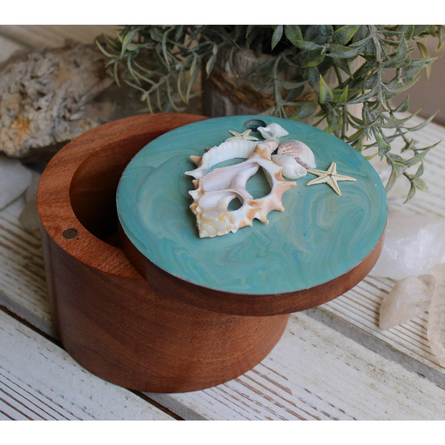 Stash Box, Jewelry Box, Keepsake Box, Hand Painted Box Shells Beach 4" x 4 x 3"