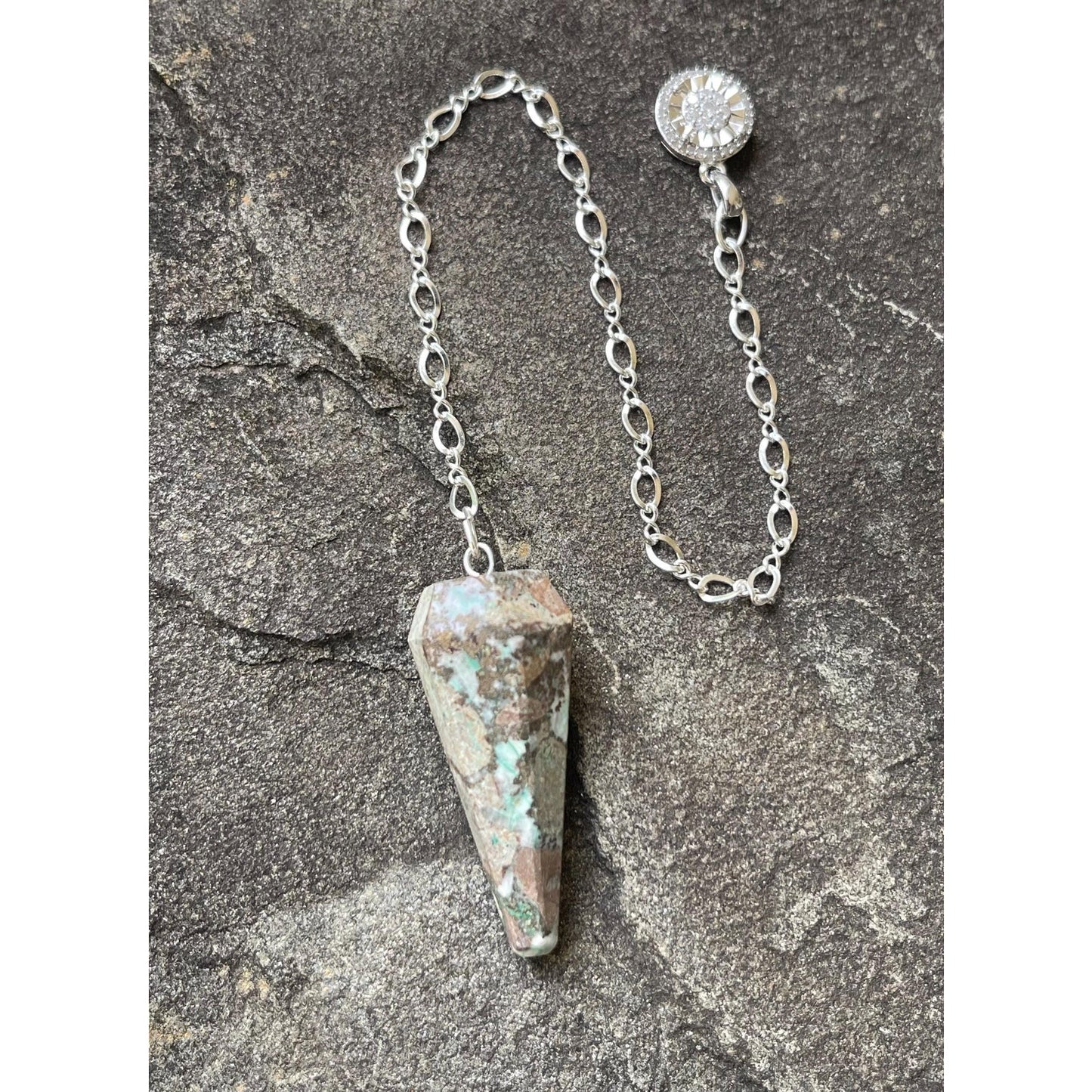 Luxury Sterling Silver Chrysocolla Pendulum with Genuine Diamond Accent