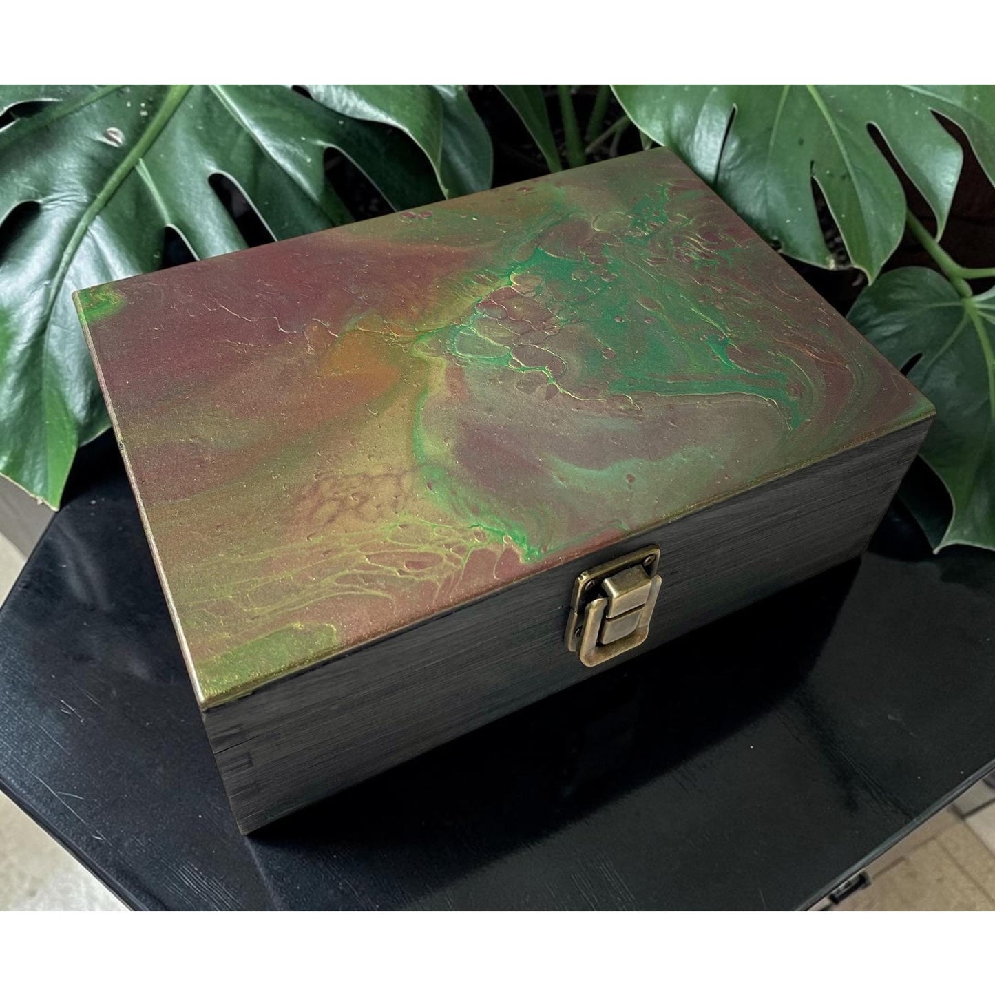Hand Painted Wooden Stash Box | Abstract Fluid Art Keepsake Box | Crystal & Jewelry Storage | Moody Boho