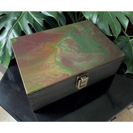 Hand Painted Wooden Stash Box | Abstract Fluid Art Keepsake Box | Crystal & Jewelry Storage | Moody Boho