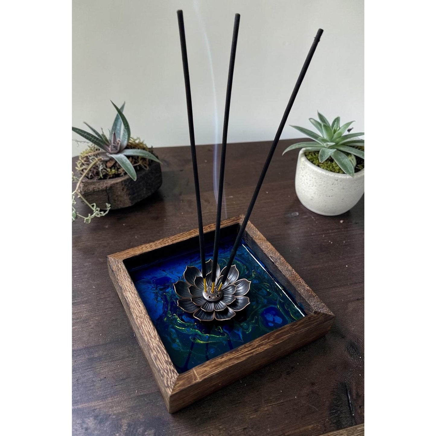 Blue Morpho Abyss Lotus Incense Holder | Handmade Resin Art Decor | Sapphire & Turquoise Lotus Burner | Meditation Altar Decor | 4 Inch