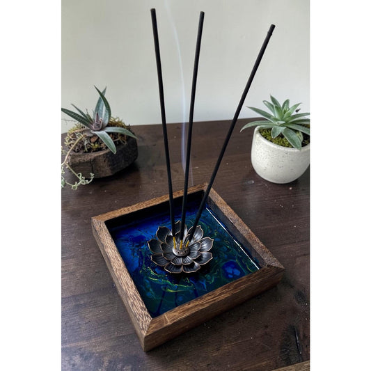 Blue Morpho Abyss Lotus Incense Holder | Handmade Resin Art Decor | Sapphire & Turquoise Lotus Burner | Meditation Altar Decor | 4 Inch