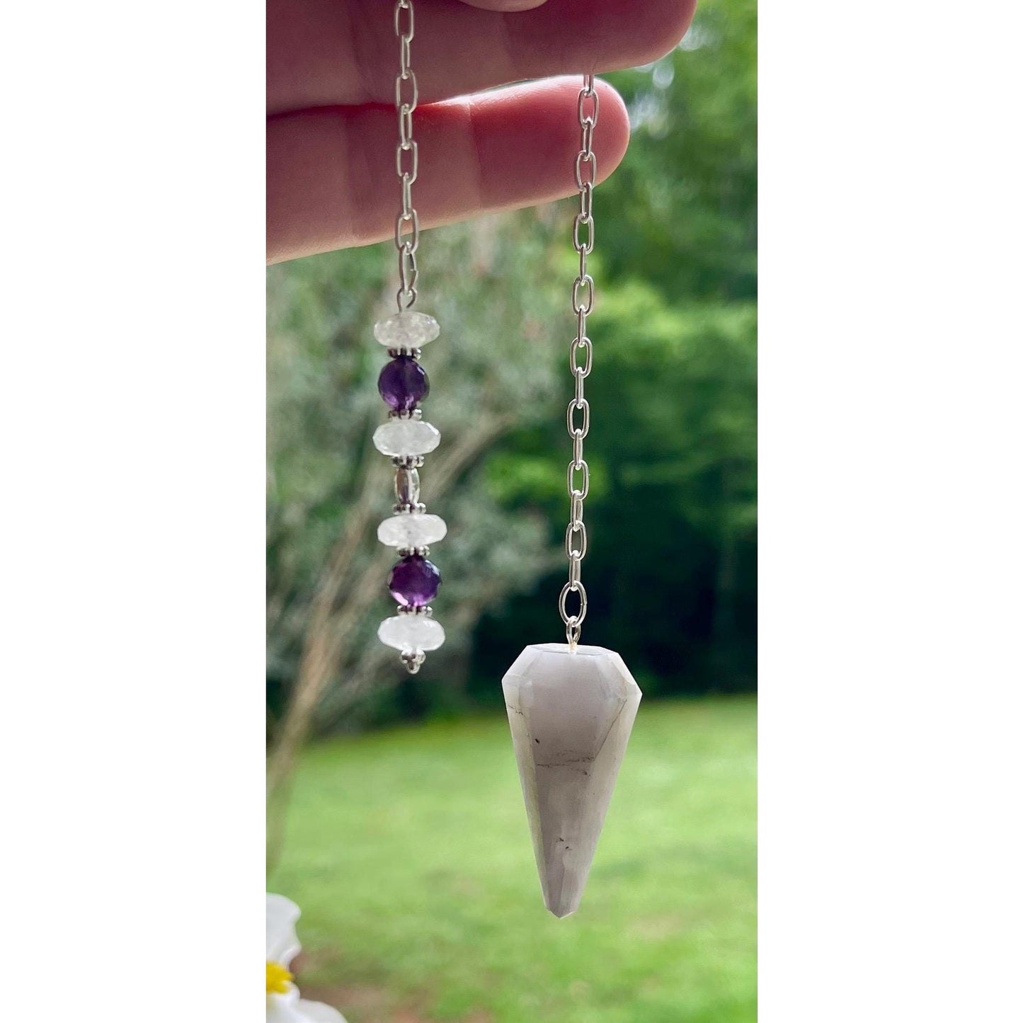 Luxury Moonstone Pendulum | Heavy Sterling Silver Chain | Moonstone & Amethyst | Handcrafted Crystal Divination Tool | Includes Certificate