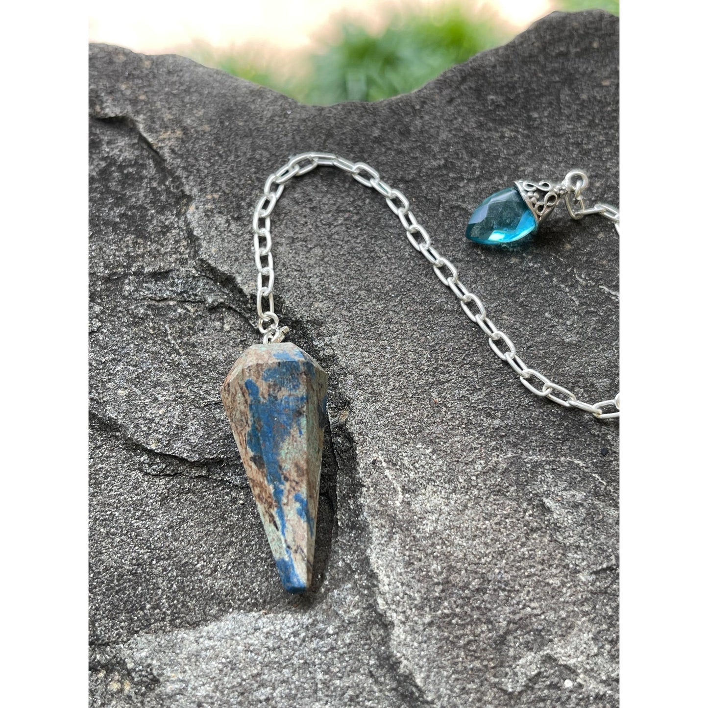 Luxury Chrysocolla Pendulum with Blue Topaz Handle | Sterling Silver Chain | Handmade Crystal Pendulum | Divination Tool | One-of-a-Kind