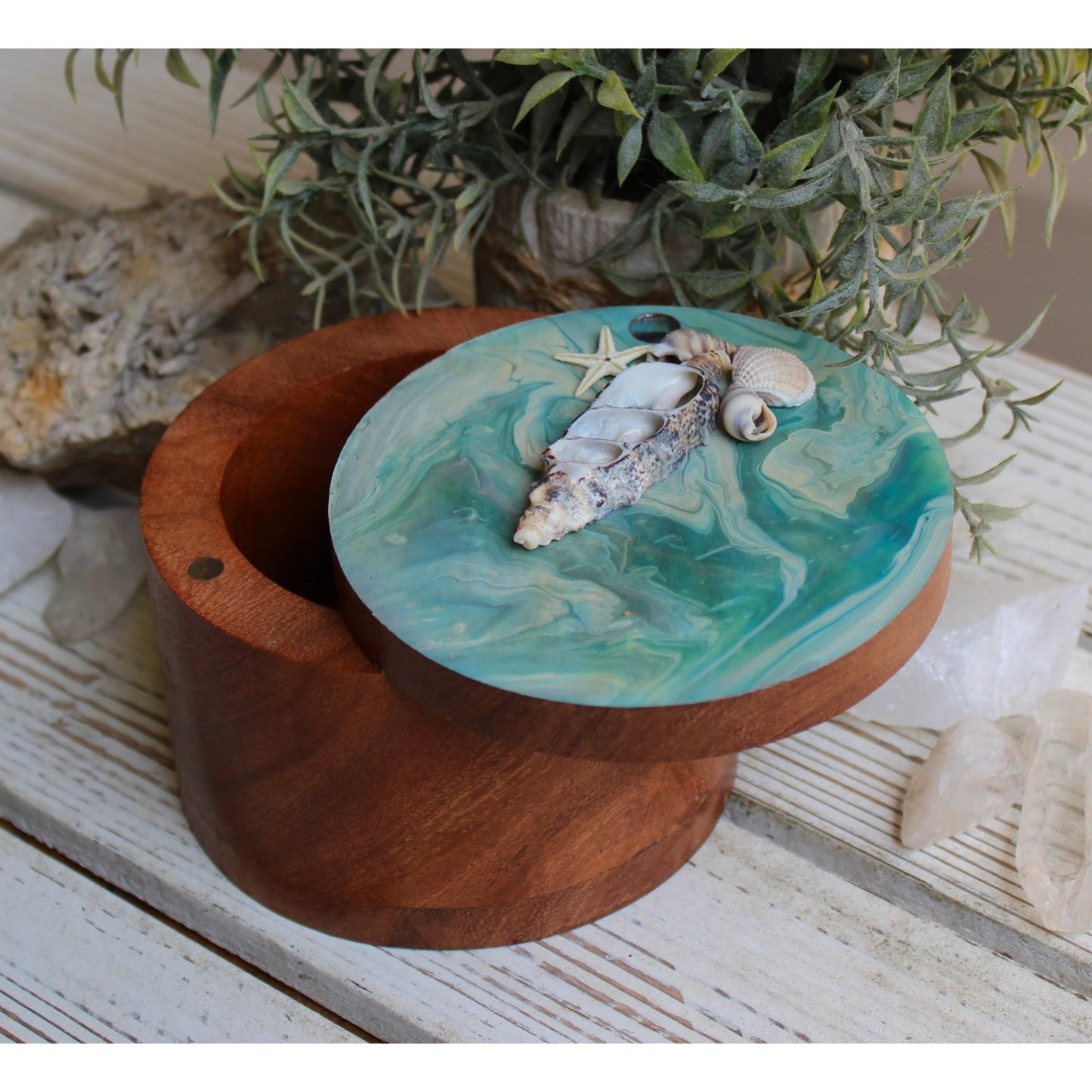 Stash Box, Jewelry Box, Keepsake Box, Hand Painted Box Shells Beach 4" x 4 x 3"