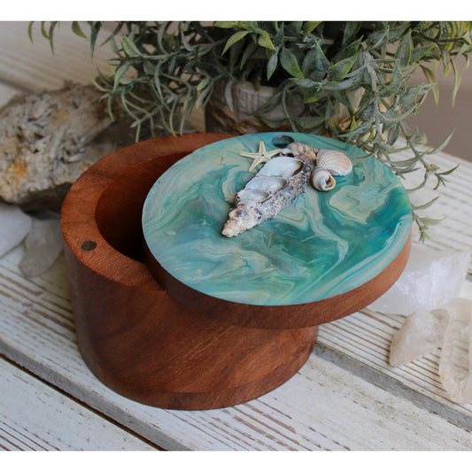 Stash Box, Jewelry Box, Keepsake Box, Hand Painted Box Shells Beach 4" x 4 x 3"